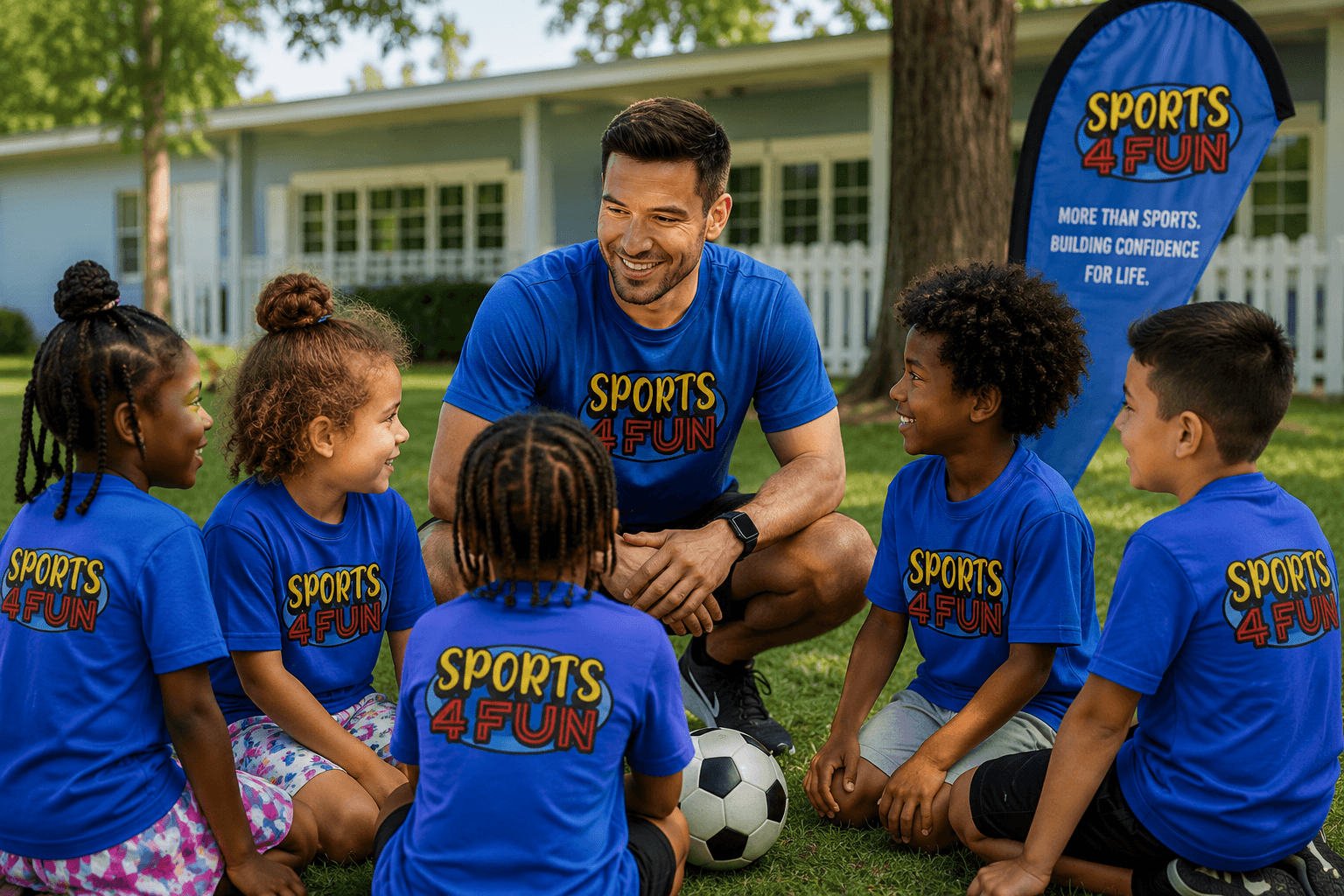 Sports4Fun coach sitting with a group of children in a circle outdoors